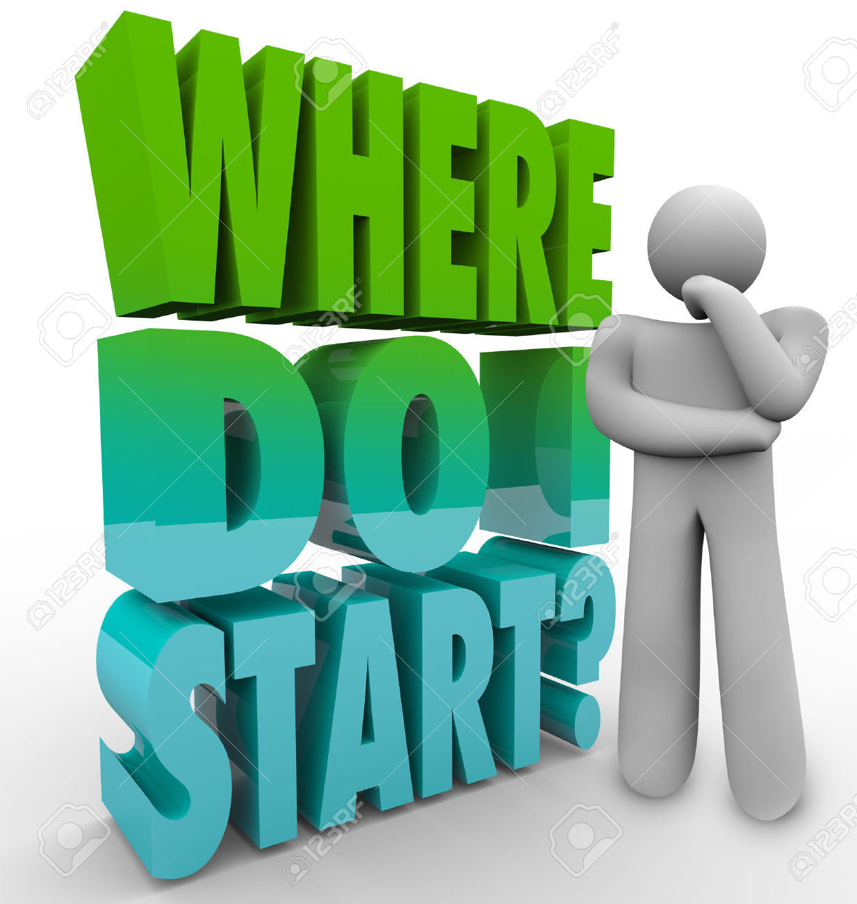 An illustration of a man standing next to the words "where do I start"?
