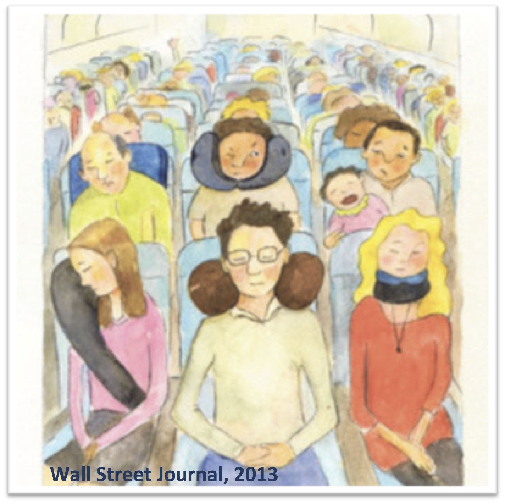 An illustration of passengers on an airplane using a variety of travel pillows