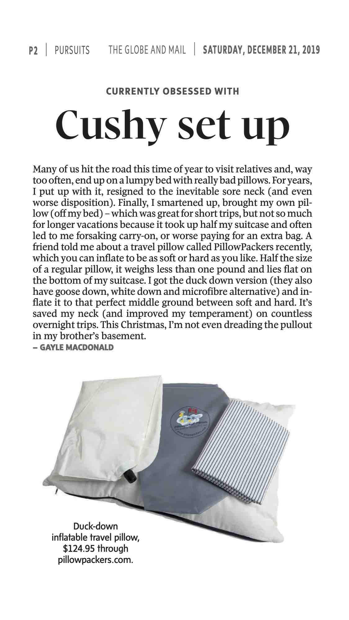 A Pillowpacker pillow featured in the Globe and Mail