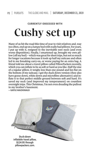 A Pillowpacker pillow featured in the Globe and Mail