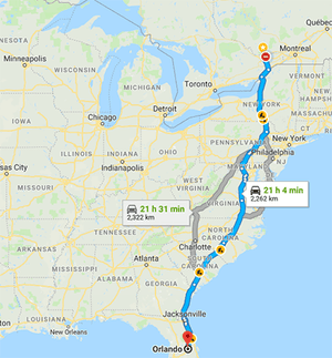 Ottawa to Florida road trip map