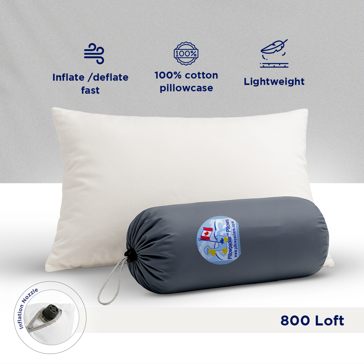 Oreillers de voyage gonflables luxueux en duvet d'oie blanche huttérite - 800 Loft